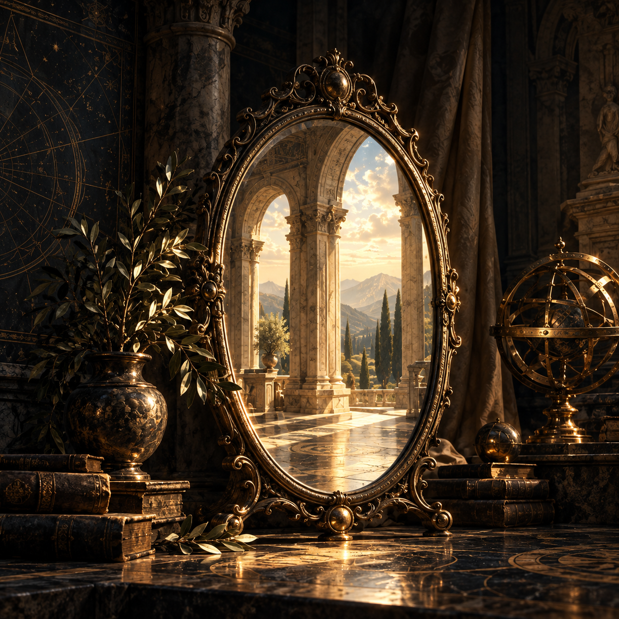 An antique mirror reflecting a sunlit colonnade