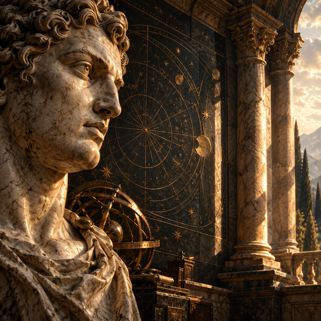 Classical marble bust in an astronomical chamber