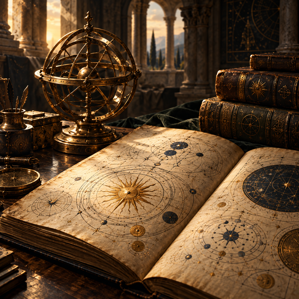 Brass armillary sphere beside an open astronomical manuscript