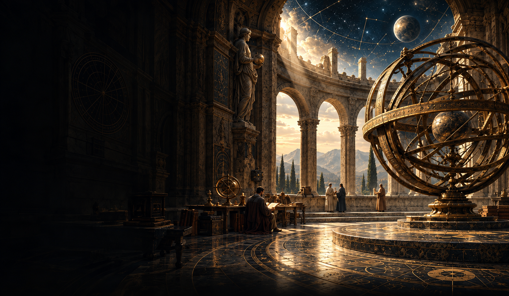 An ancient observatory with a brass armillary sphere beneath a star-filled sky